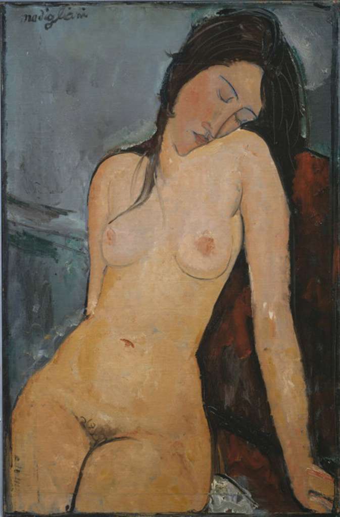 Courtauld 10 Amedeo Modigliani - Female Nude 10. Amedeo Modigliani - Female nude. 1916, 92cm x 60cm. Modiglianis nudes were shocking in their time because they are close-up in the viewers face and are about naked women and nothing more The sleepy nude painting exhibits the preciseness of the sloping torso - the rising of the shoulder to support the blushing cheek and long chin of the drooping head; the thickness of the haunch and thigh which softly take the weight of the oblique posture, upright but half-asleep..